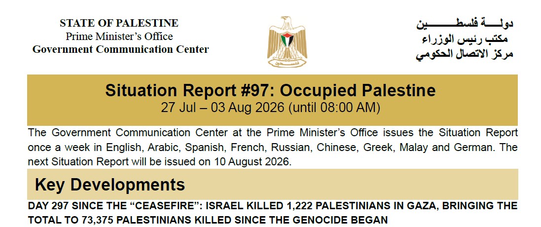 Situation Report #97: Occupied Palestine 27 Jul – 03 Aug 2026 (until 08:00 AM)