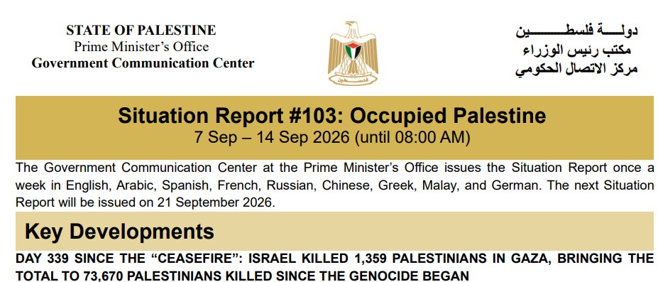 Situation Report #103: Occupied Palestine 7 Sep – 14 Sep 2026 (until 08:00 AM)