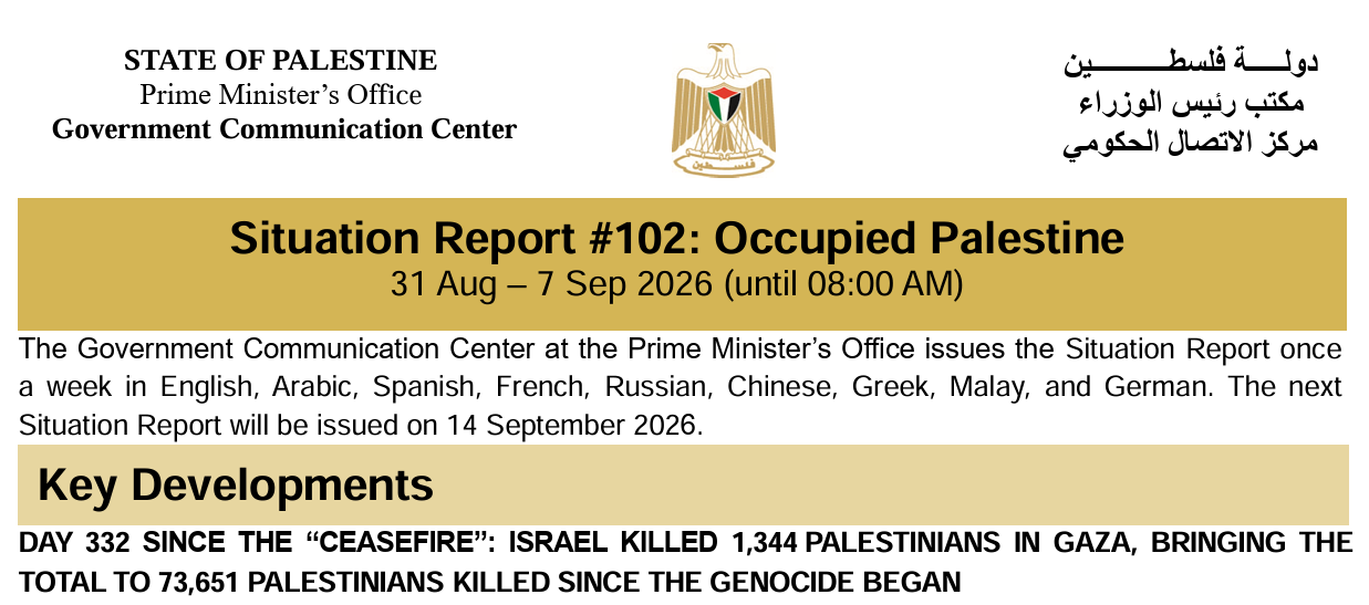 Situation Report #102: Occupied Palestine 31 Aug – 7 Sep 2026 (until 08:00 AM)